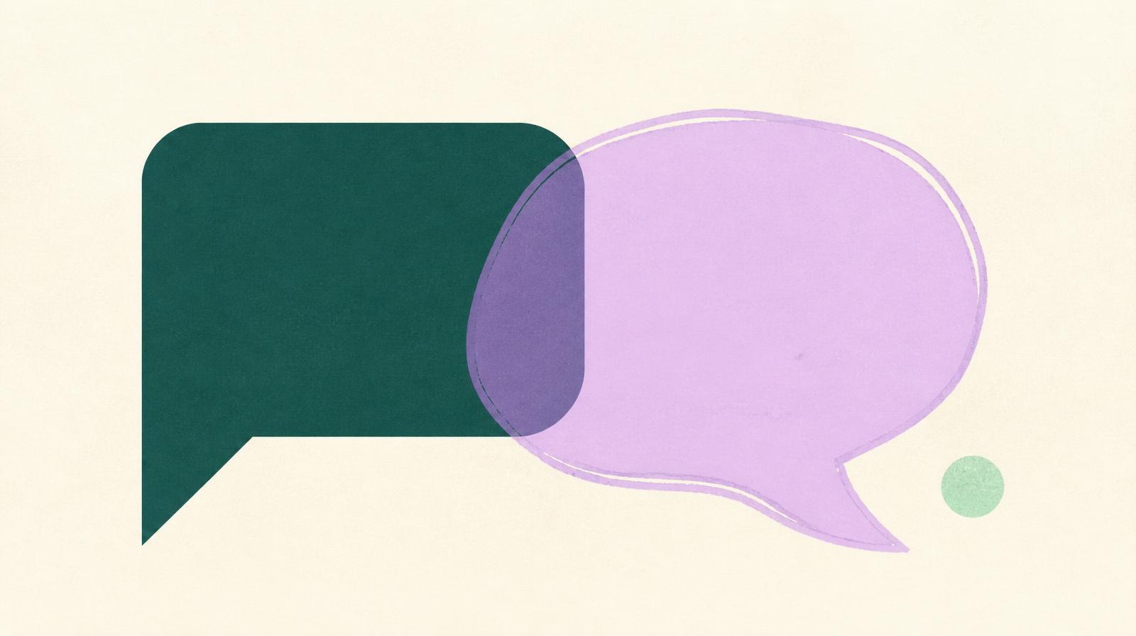 Editorial illustration for a Resonance Insights article on linguist-in-the-loop translation workflows: a precise machine-generated speech bubble in deep teal overlapping a hand-drawn human speech bubble in lavender, on a cream paper background.