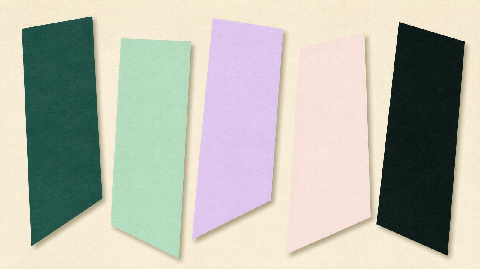 Editorial illustration for a Resonance Insights article on five global launches that almost broke in translation: five tilted paper rectangles standing in a row across a grainy cream background, coloured in deep teal, mint, lavender, blush pink and near-black ink.