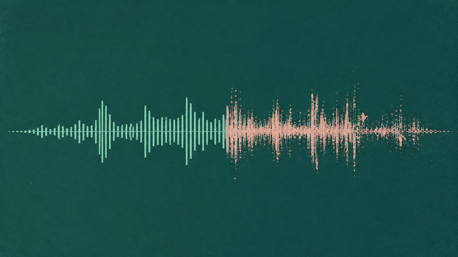 Editorial illustration for a Resonance Insights article on where AI voice works in multilingual marketing: a horizontal audio waveform on a deep teal field, splitting from a clean mint synthetic waveform on the left into a frayed blush human waveform on the right.