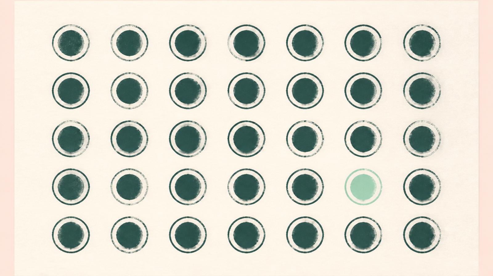 Editorial illustration for a Resonance Insights article on speeding up regulated pharma and finance creative without losing MLR sign-off: a precise grid of deep teal ink approval stamps on cream paper with a single standout mint stamp, edged by a soft blush margin.