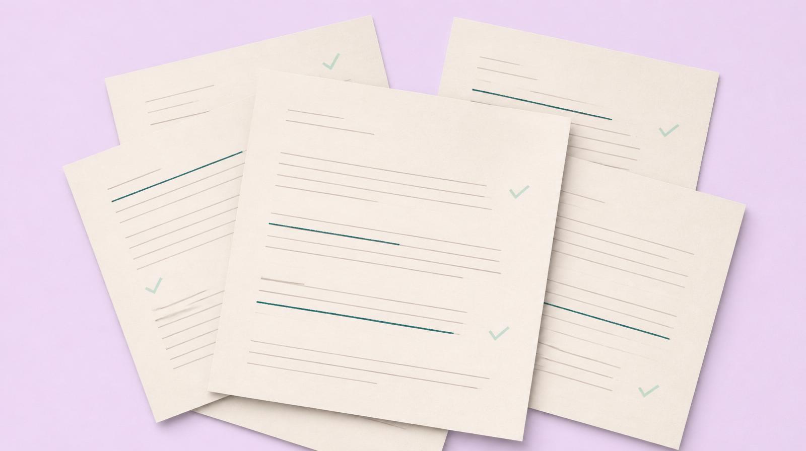 Editorial illustration for a Resonance Insights article on the translation brief checklist agencies keep skipping: a stack of overlapping cream brief pages on a lavender backdrop, marked with deep teal redlines and mint check ticks.