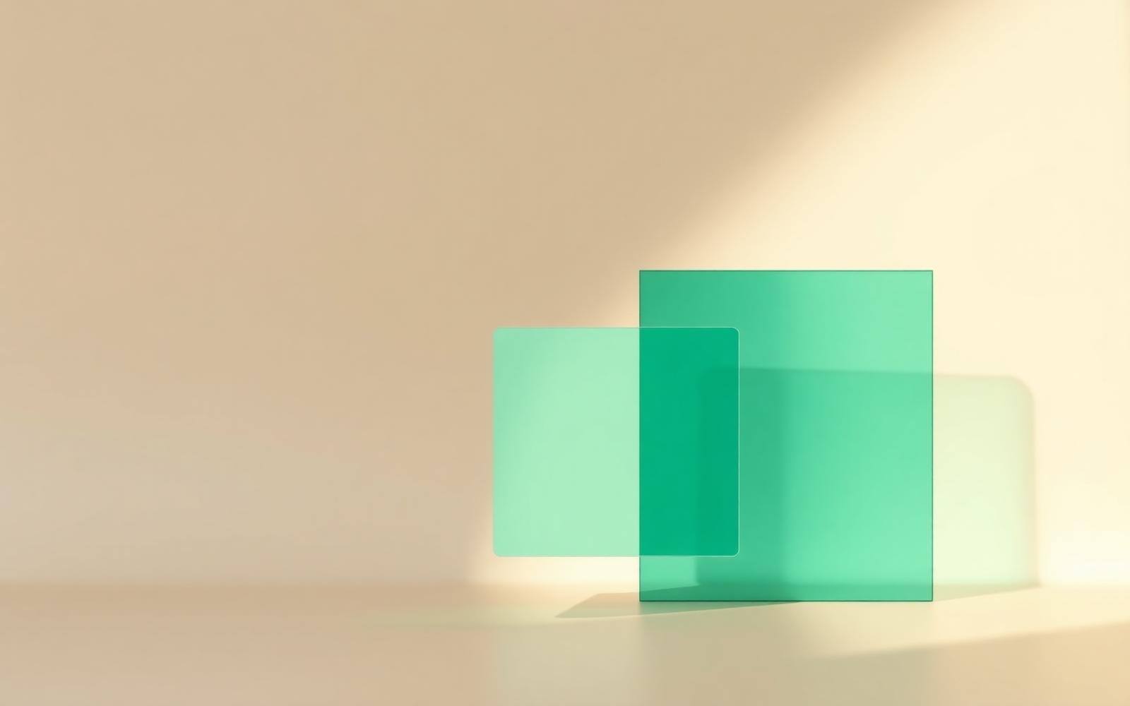 Translucent mint product interface panels on a cream backdrop