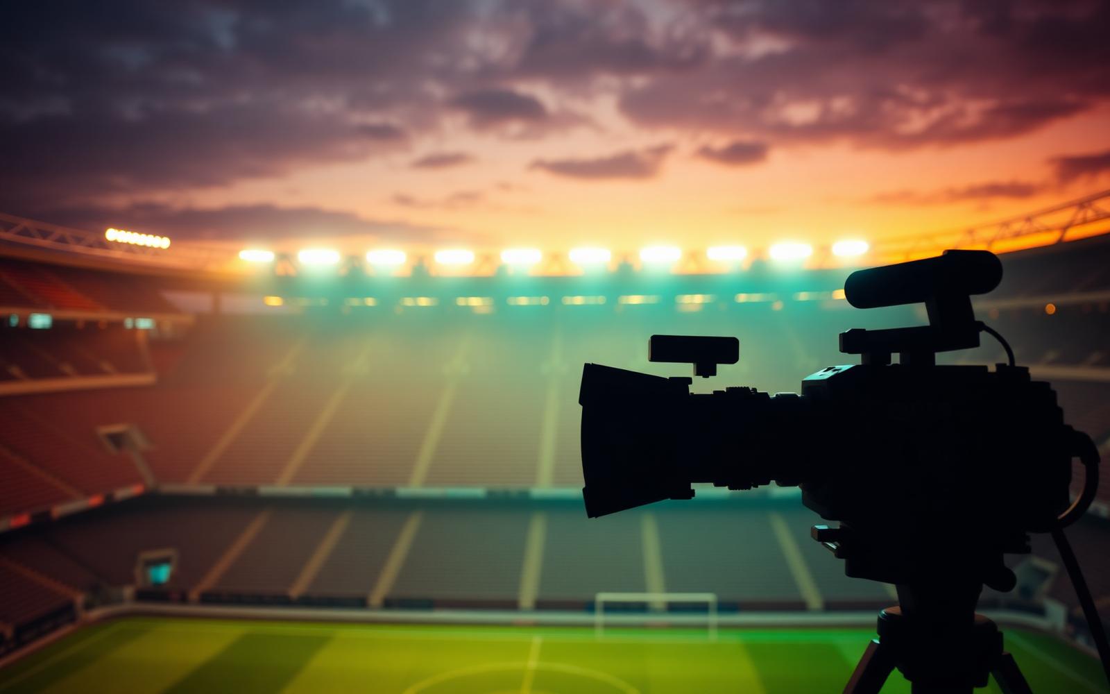 Broadcast camera silhouette in front of a floodlit stadium at dusk